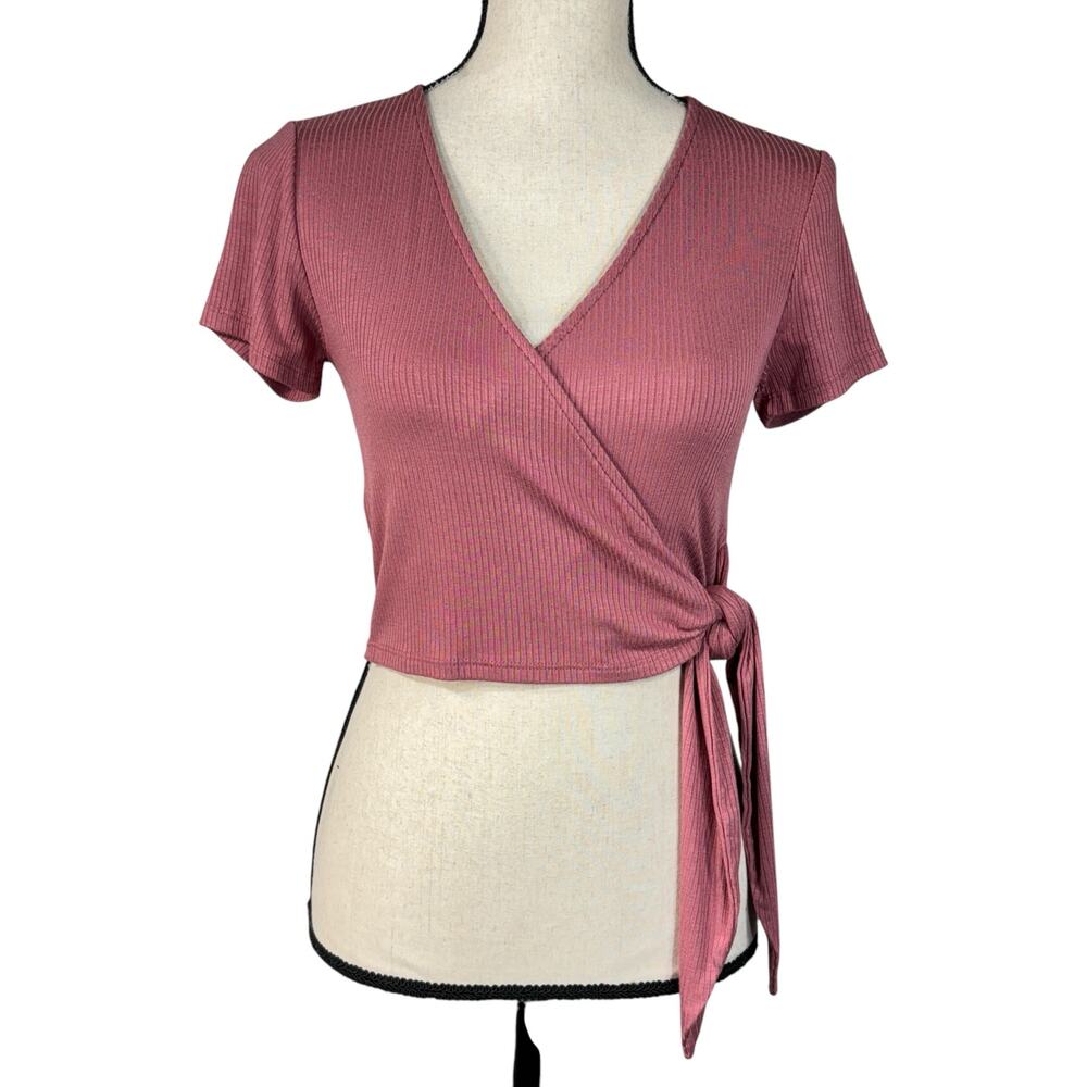 Lulus X-Small Crop Top Tie Surplice V-Neck Ribbed Stretch Short Sleeves Mauve
